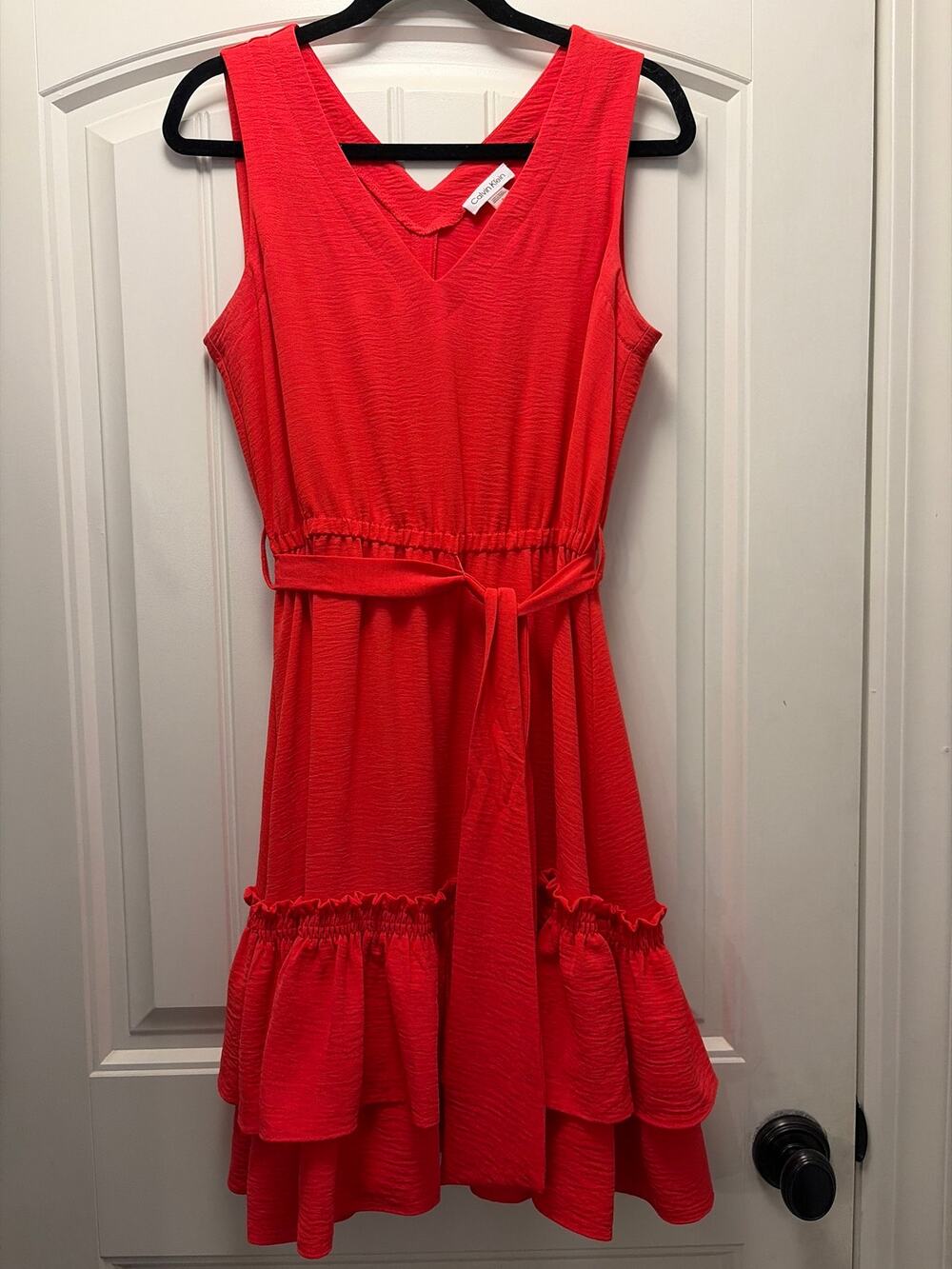 Calvin Klein Women’s Orange Sleeveless V-Neck Tiered Ruffle Belted Dress Size 8